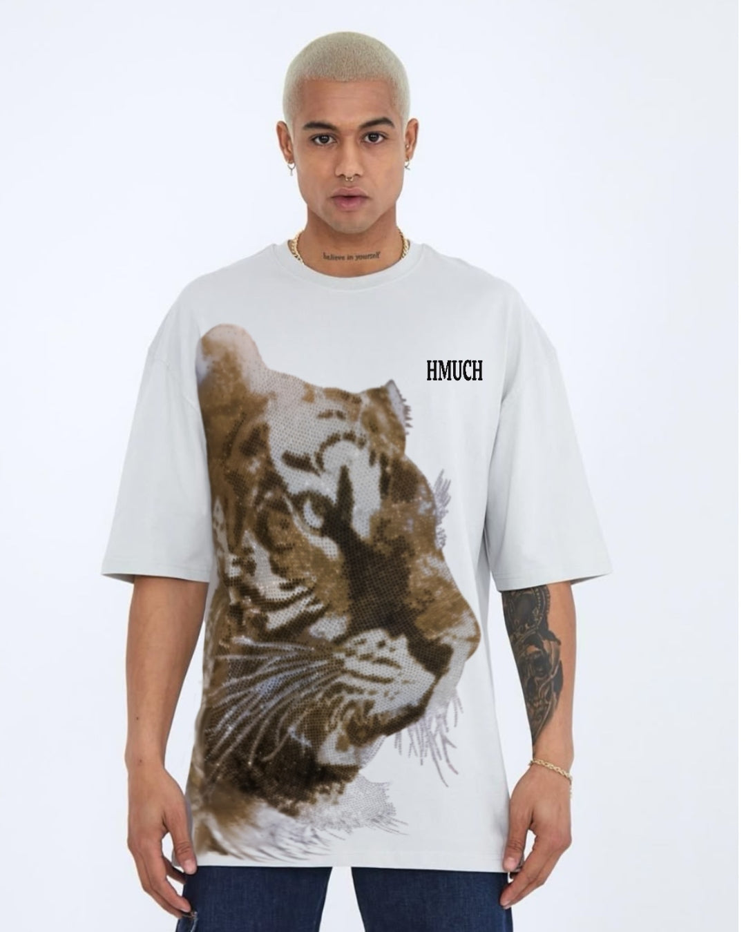 Hmuch Tiger Unisex Exclusive Oversized Tee - White