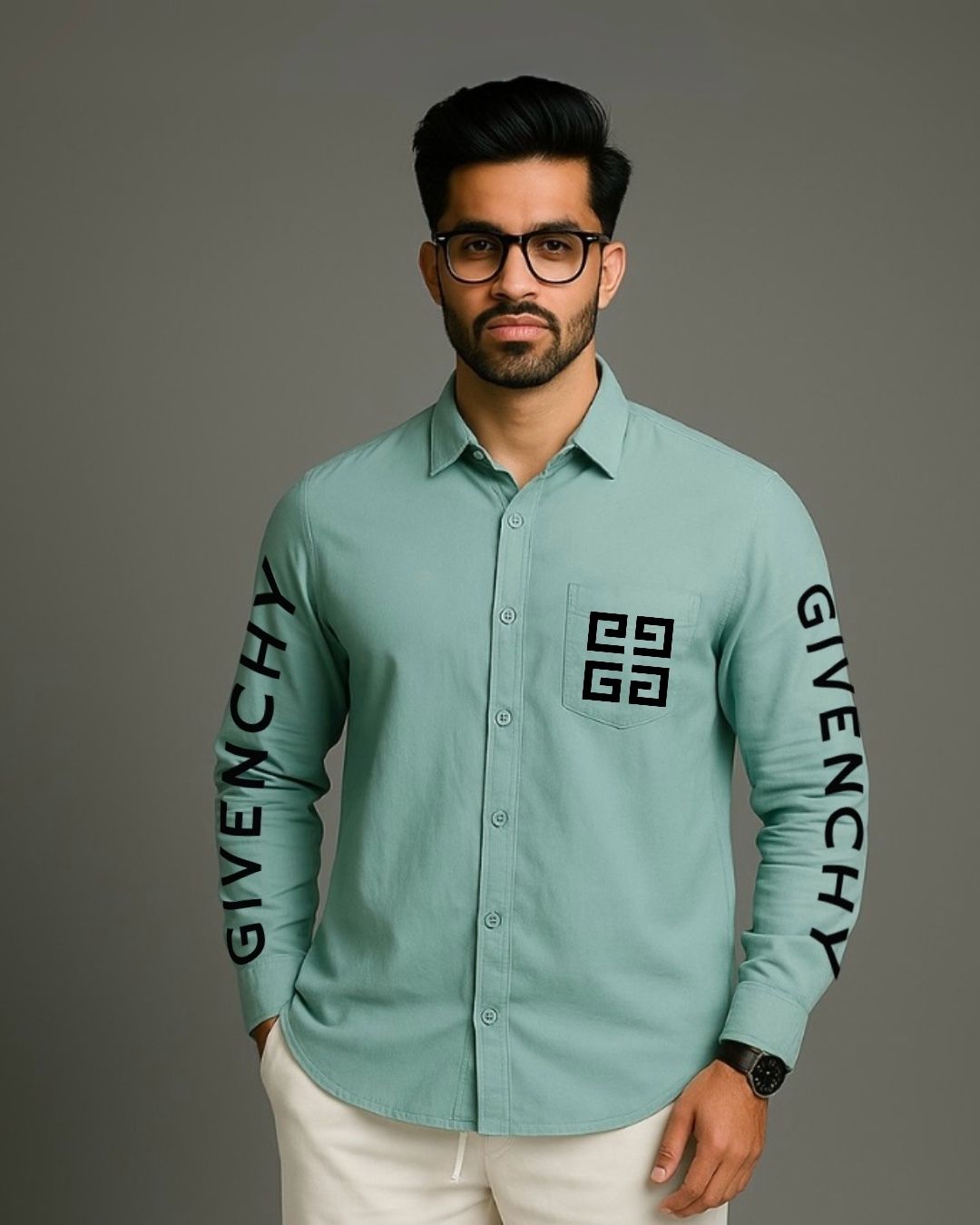 MEN'S GIVENCHY STYLE FULL SLEEVE GREEN SHIRT