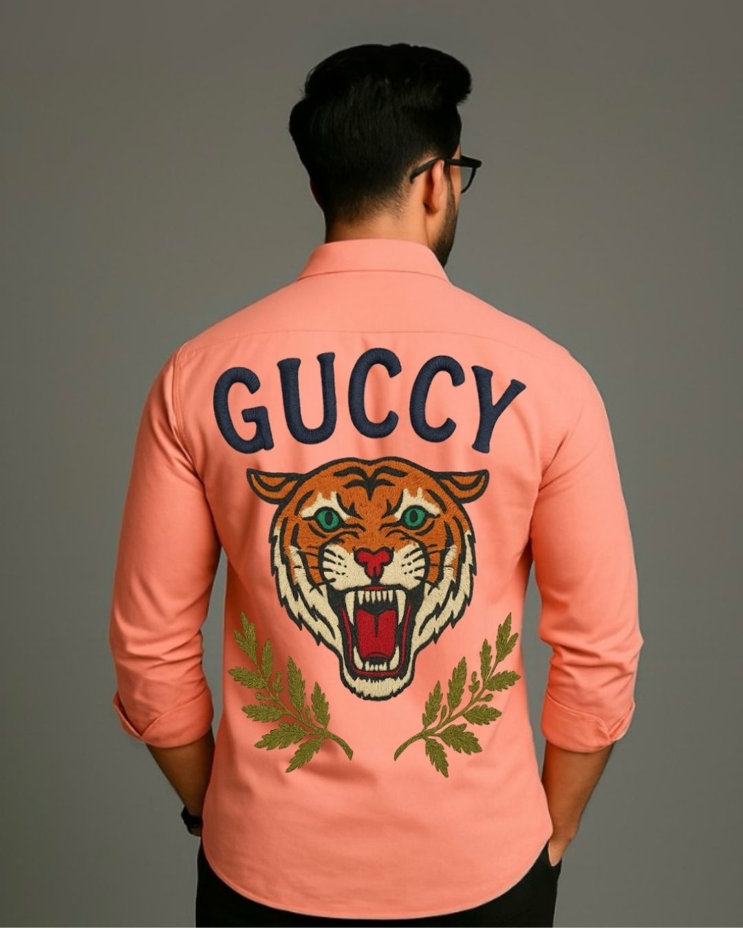 MEN'S GUCCY TIGER FULL SLEEVE PEACH SHIRT