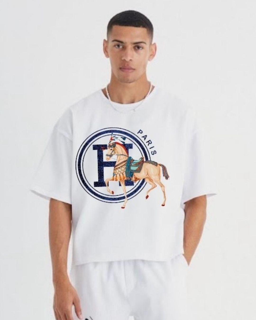 MEN'S PARIS HORSE OVERSIZED TSHIRT (WHITE)
