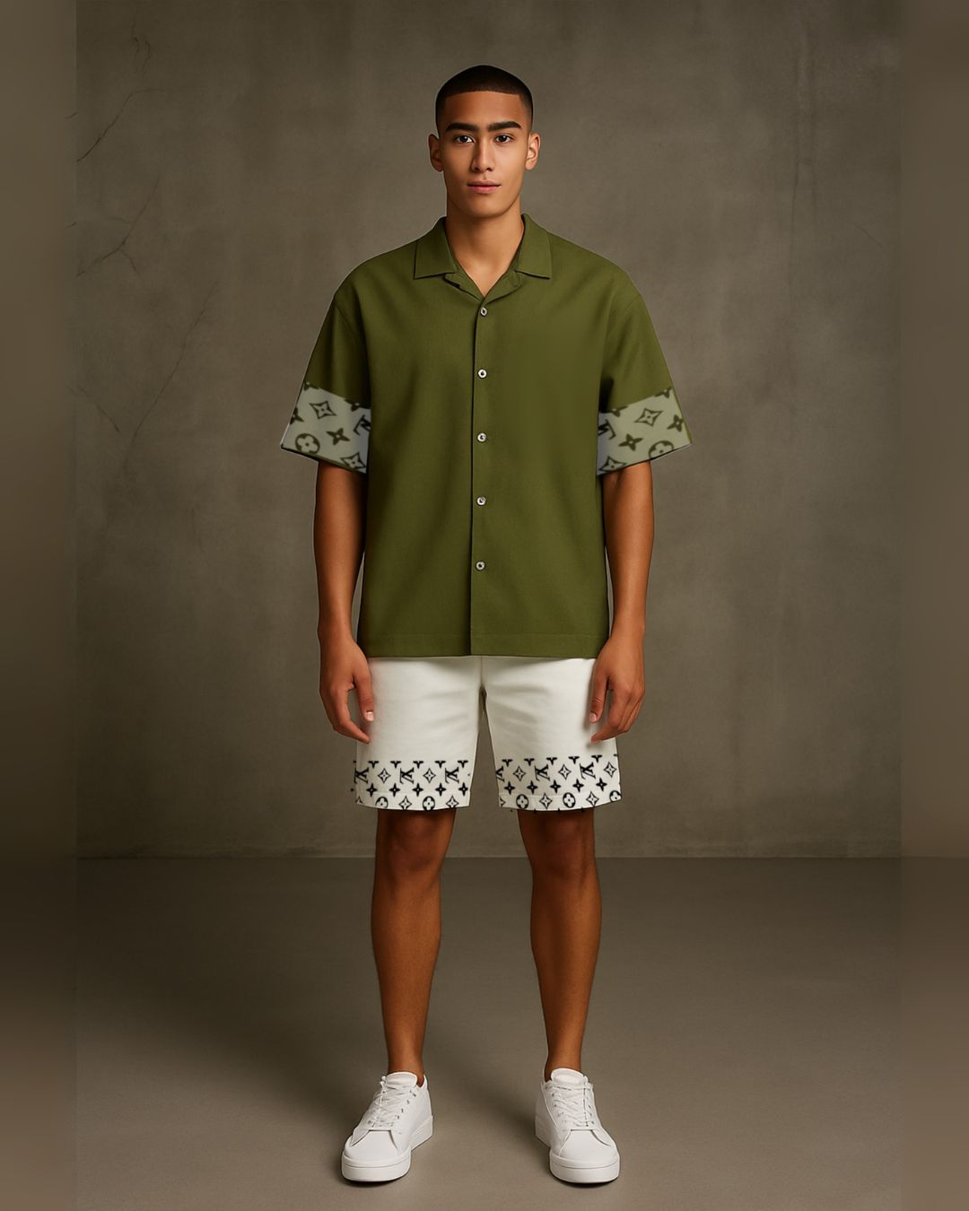 Lv2.0 half sleeve shirt with shorts cordset (olive and white )(*)