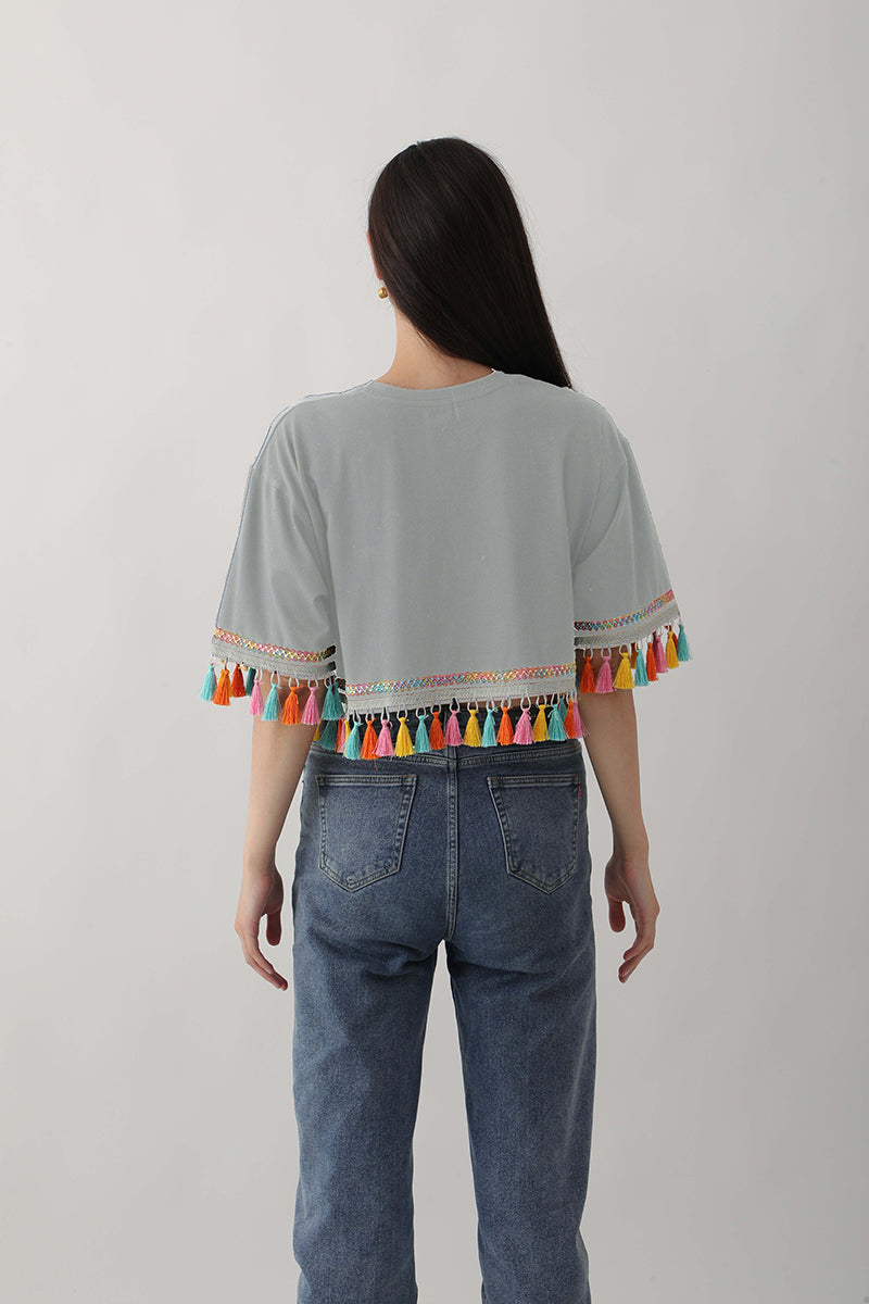 Foggy Delight: Multicolored Tassel Trim Tops