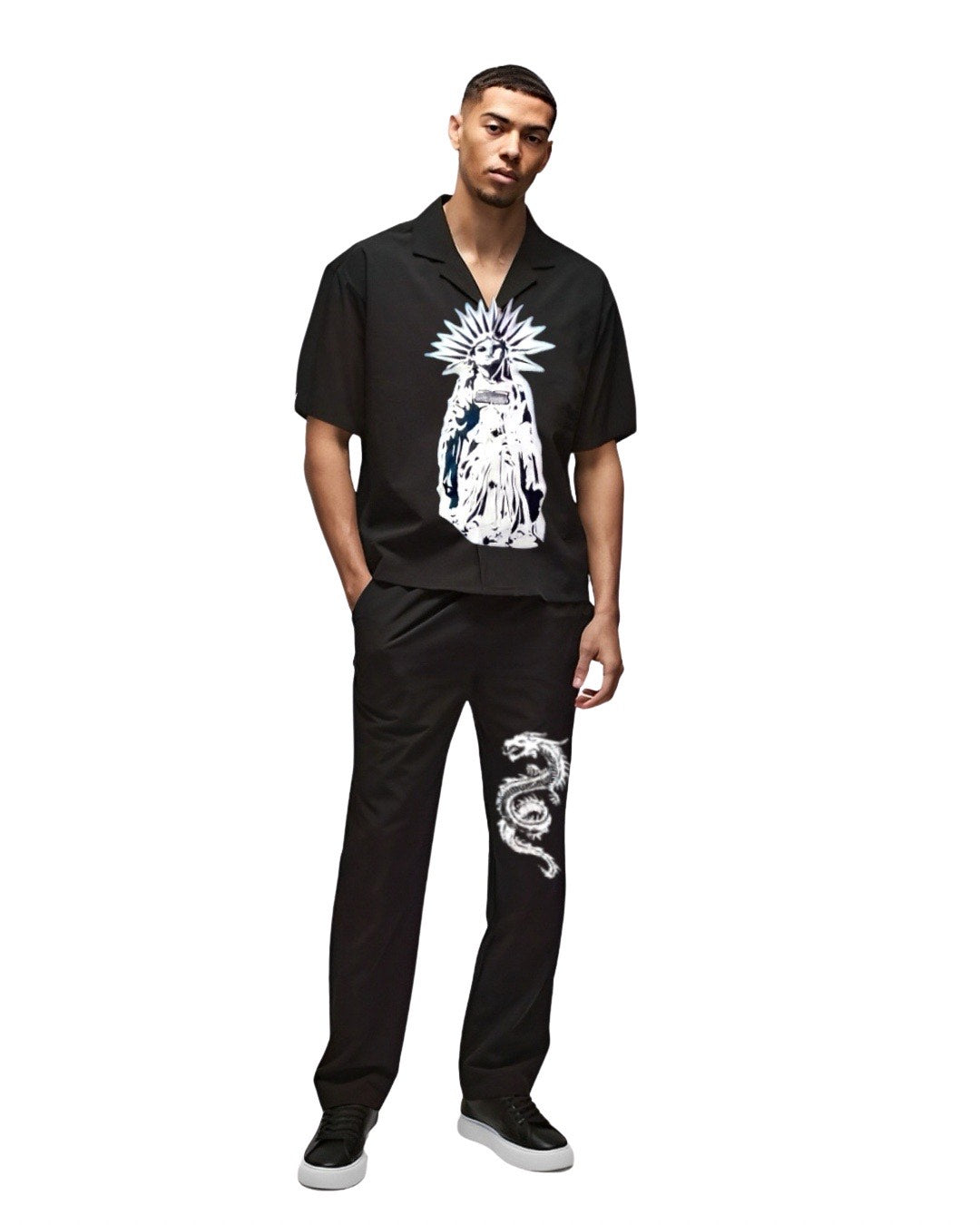 Crowned Guardian Half Sleeve Oversized Knitted Shirt Cord Set - Black and Black