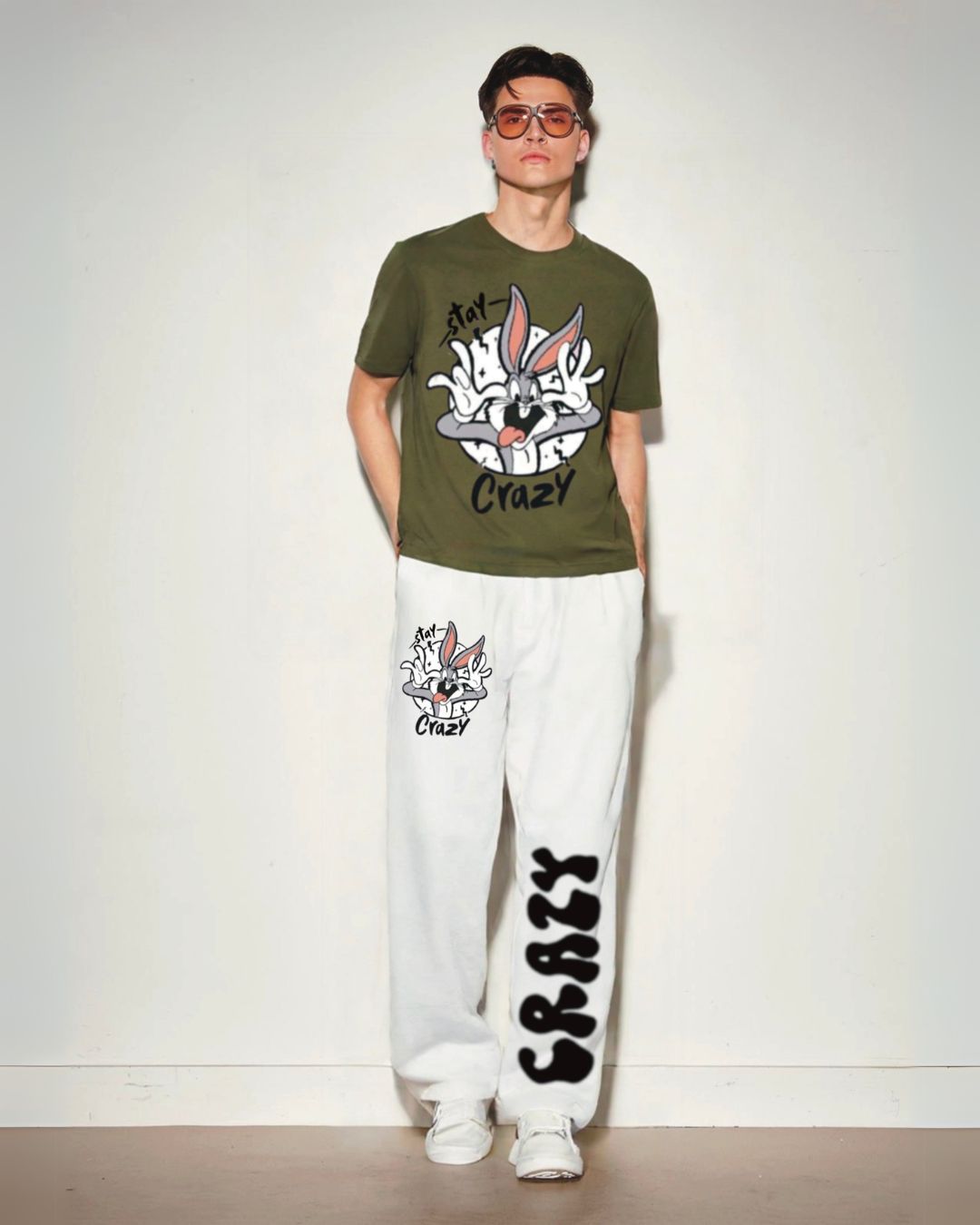 Men's Stay Crazy Oversized Coord Set - Olive and White (*)