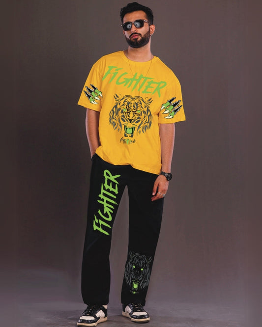 Fighter Men's Oversized Yellow and Black Coord Set