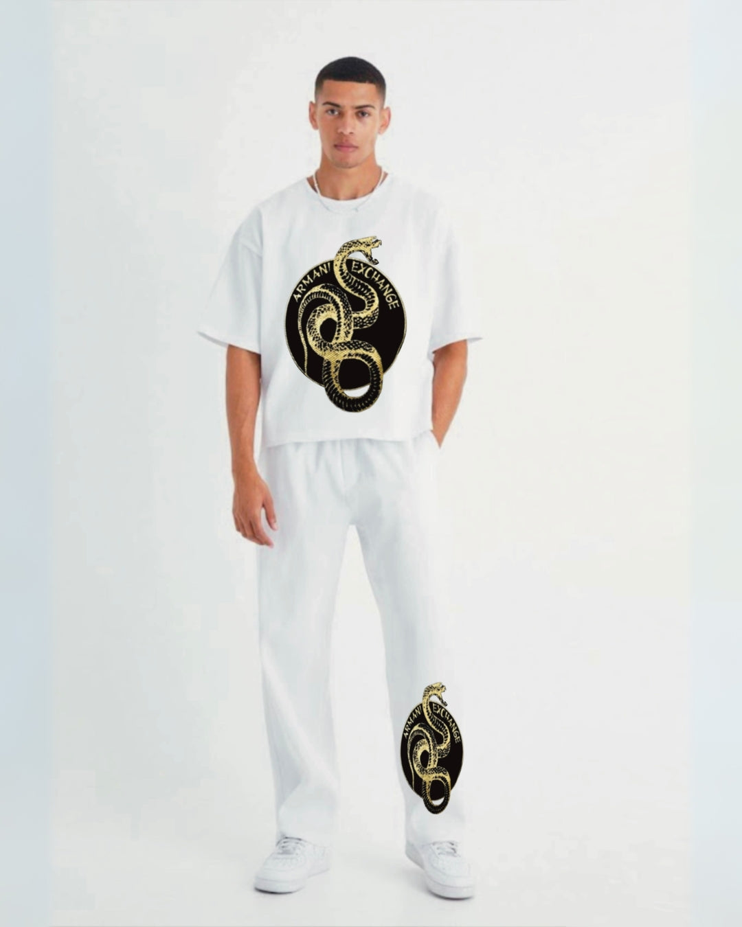 Men's A/X Golden Snake Oversized Co-ord Set White and White