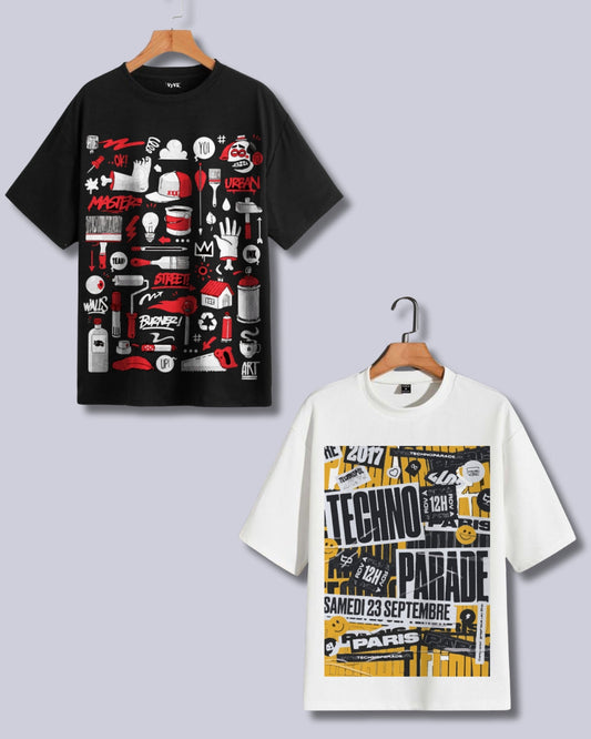Pack of 2 Men's Oversized T-Shirt: Urban Street & Techno Parade