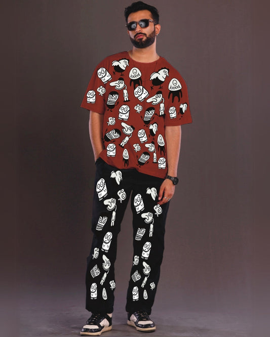 Men's Alien World Oversized Co-Ord Set - Red and Black