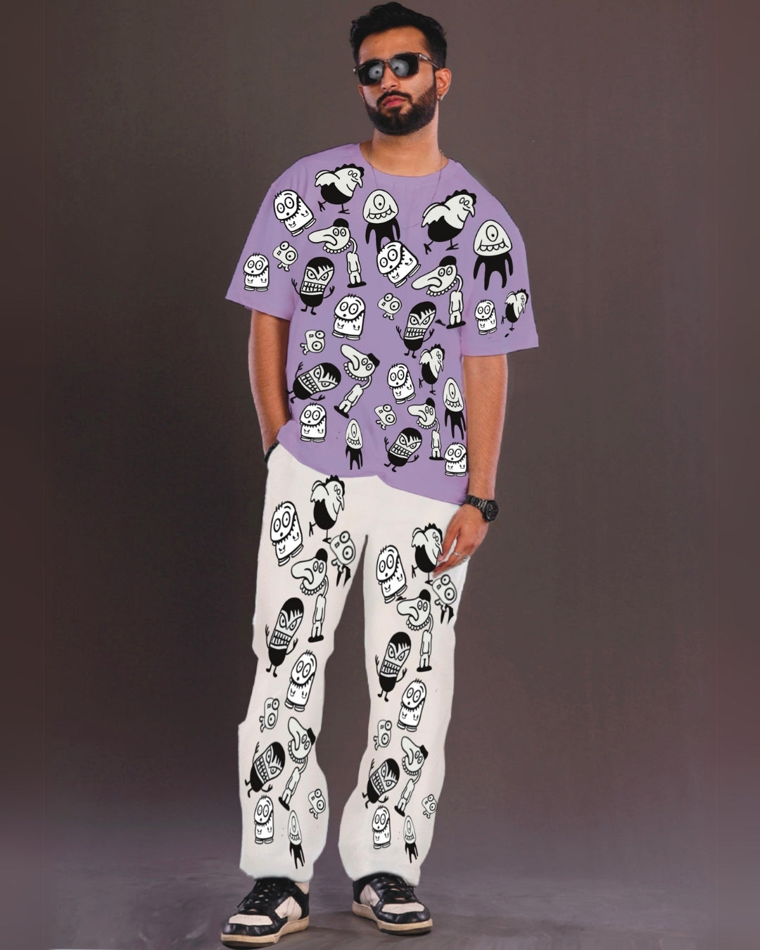 Men's Alien World Oversized Co-Ord Set - Purple and White