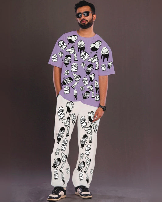 Men's Alien World Oversized Co-Ord Set - Purple and White