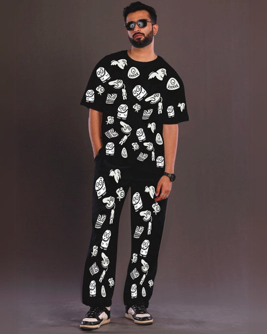 Men's Alien World Oversized Co-Ord Set - Black and Black