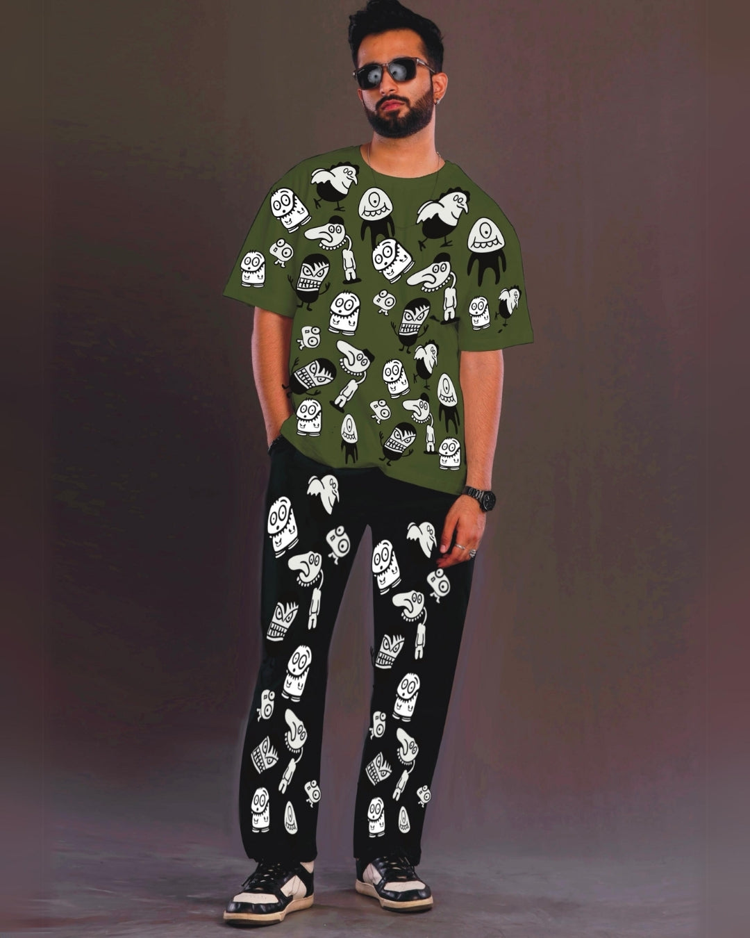 Men's Alien World Oversized Co-Ord Set - Olive and Black