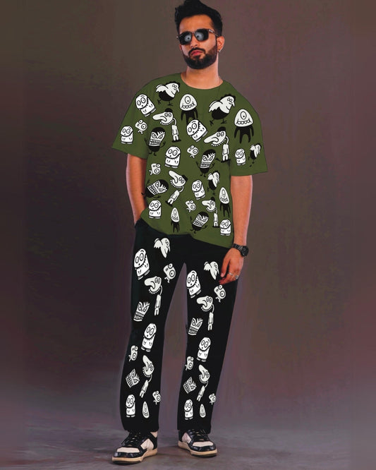 Men's Alien World Oversized Co-Ord Set - Olive and Black