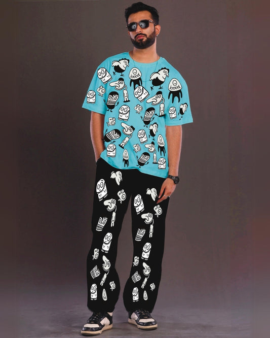 Men's Alien World Oversized Co-Ord Set - Blue and Black