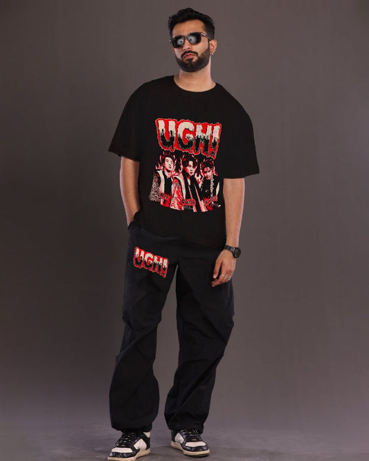 K-Pop Swagger: Men's Black BTS UGH! Oversized Co-ord Set