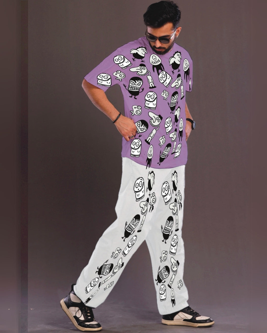 Men's Alien World Oversized Co-Ord Set - Purple and White