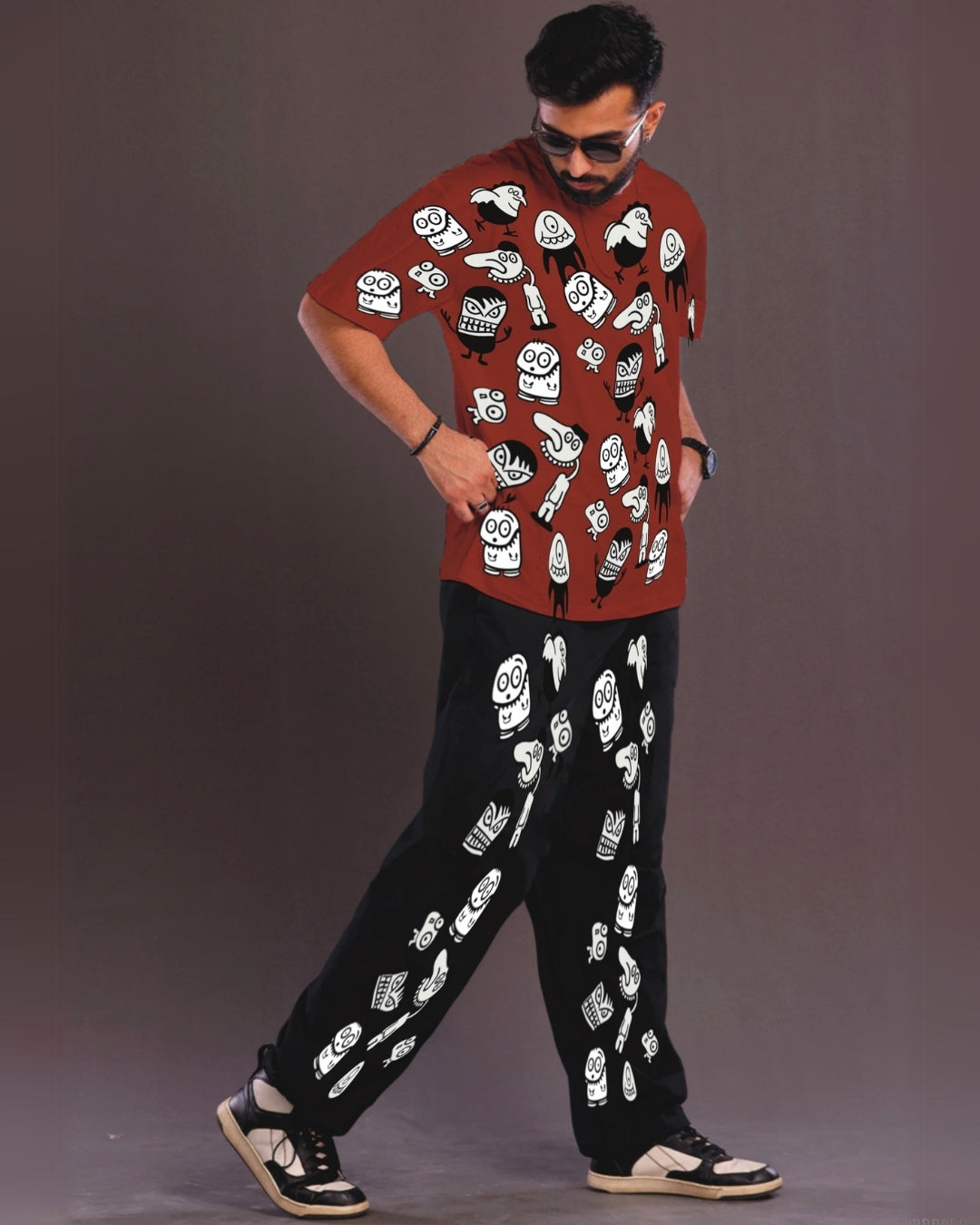 Men's Alien World Oversized Co-Ord Set - Red and Black