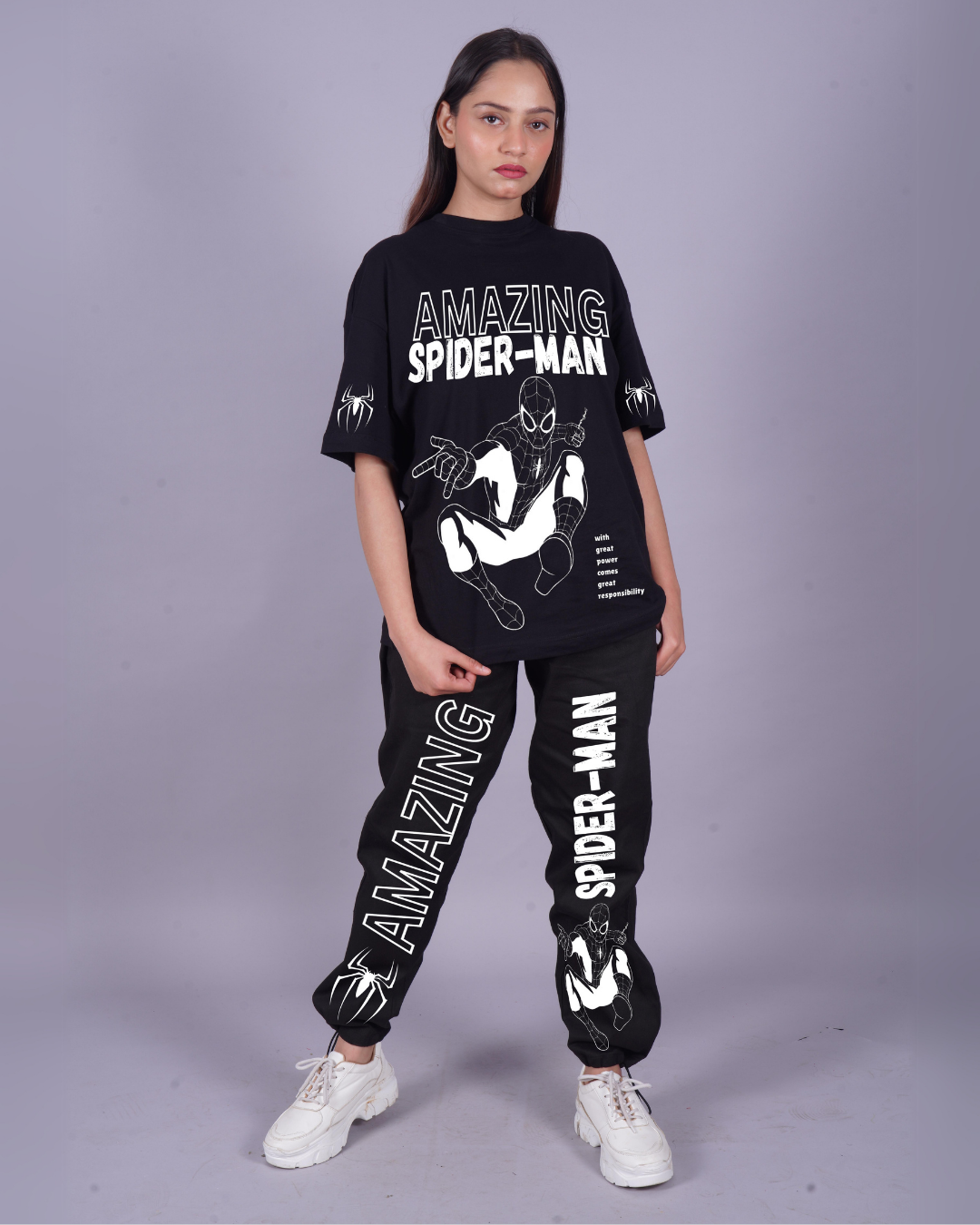 Women Spidey Actions Oversized Co-Ord Set - Black and Black