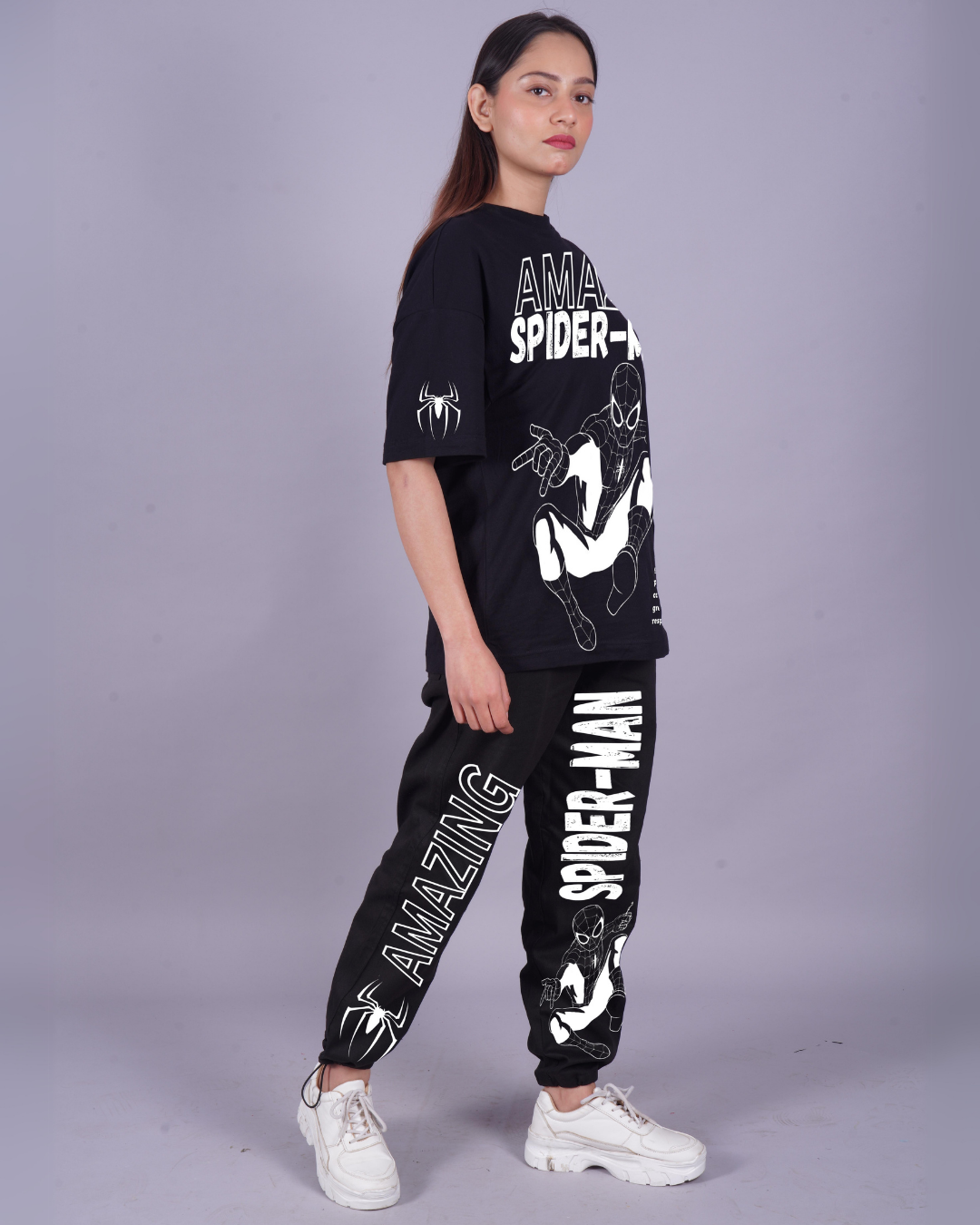 Women Spidey Actions Oversized Co-Ord Set - Black and Black