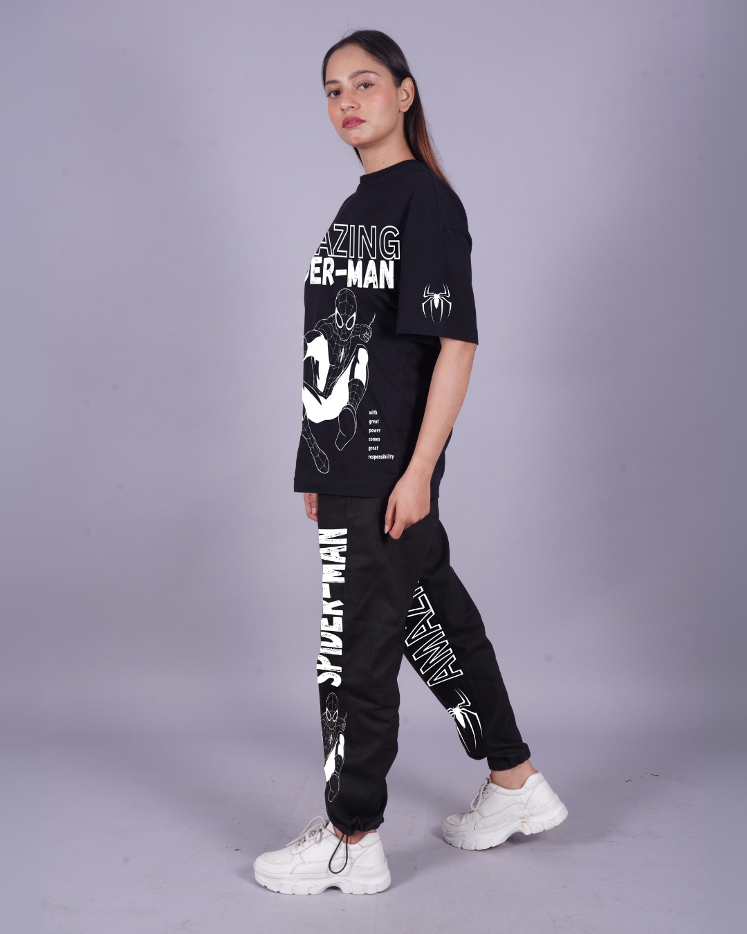 Women Spidey Actions Oversized Co-Ord Set - Black and Black