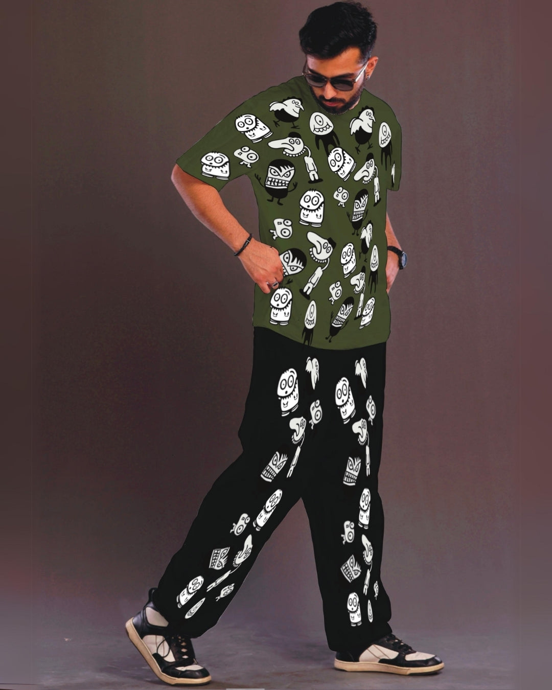 Men's Alien World Oversized Co-Ord Set - Olive and Black