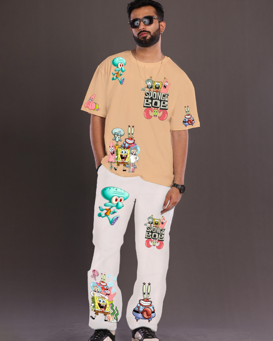 Men's SpongeBob Graphic Oversized Co-Ord Set - Beige and White