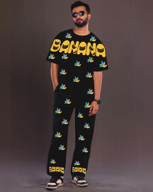 Men's Banana Design Oversized Co-Ord Set - Black and Black