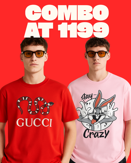 GUCCI SNAKE  (RED), STAY CRAZY (PINK) TEE COMBO OF 2(*)