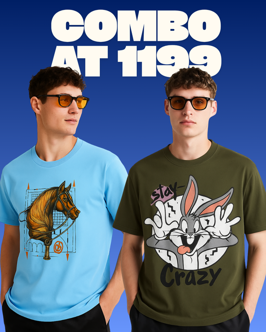 HERMESS HORSE (BLUE), STAY CRAZY (OLIVE) TEE COMBO OF 2(*)