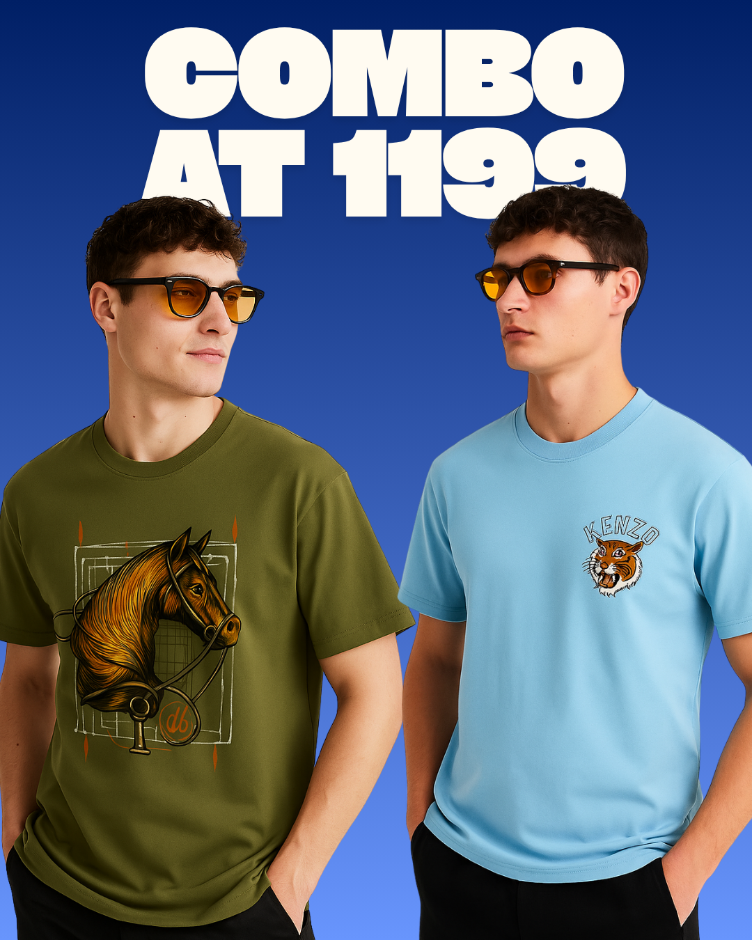 HERMESS HORSE (OLIVE), KENZO TIGER  (BLUE) TEE COMBO OF 2(*)