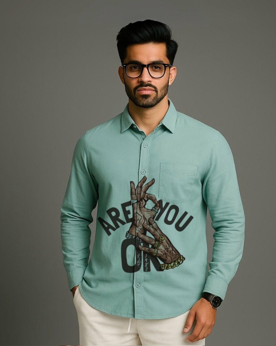 MEN'S ARE YOU OK FULL SLEEVE  GREEN SHIRT
