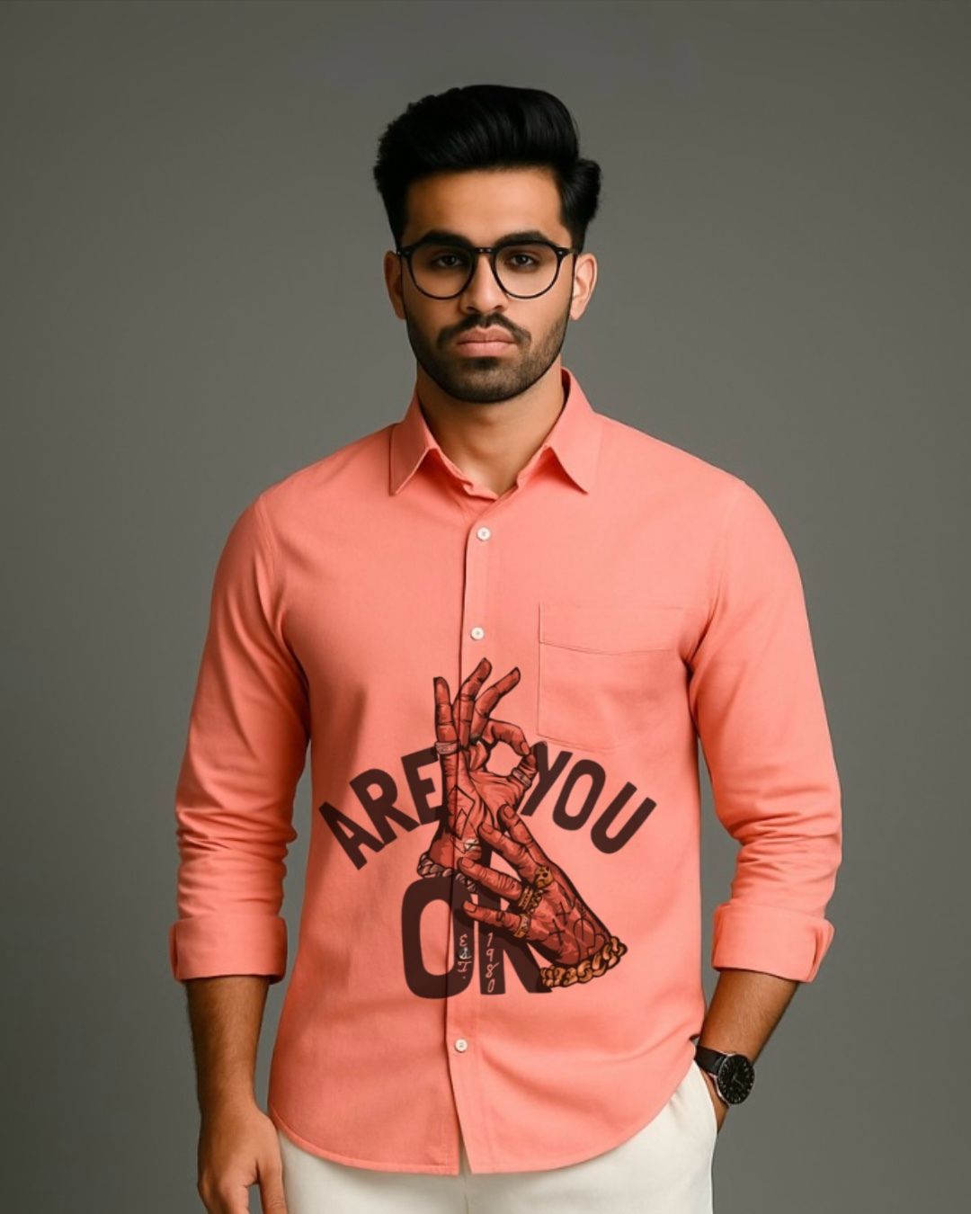MEN'S ARE YOU OK FULL SLEEVE  PEACH SHIRT