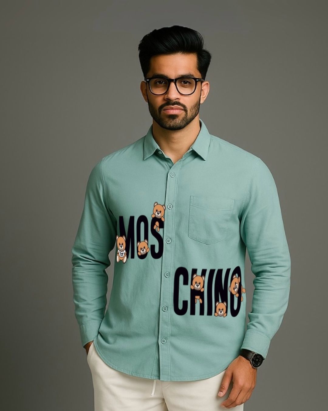MEN'S COOL BEAR  FULL SLEEVE GREEN SHIRT