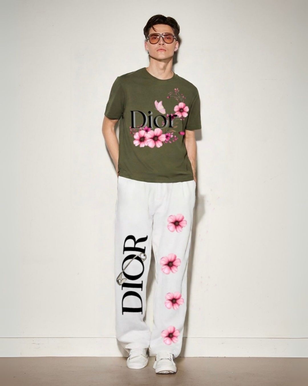 MEN'S DIOR FLOWER PIN  CORDS (OLIVE AND WHITE)