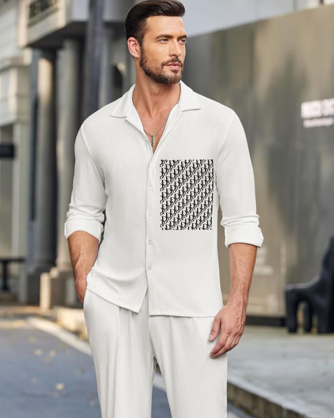 MEN'S DIOR GRID FULL SLEEVE WHITE SHIRT