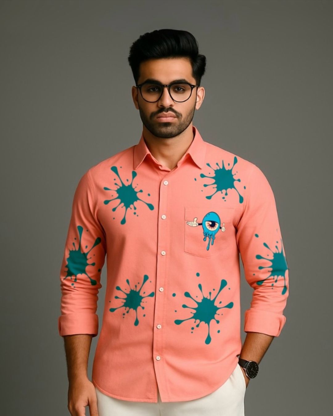 MEN’S EVIL EYE FULL SLEEVE PEACH SHIRT