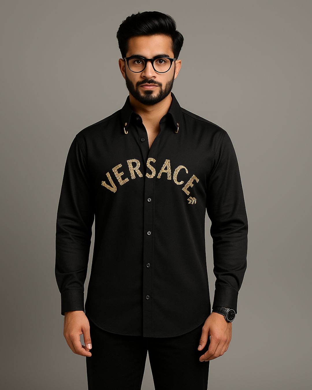MEN'S GOLD VERSAACE  FULL SLEEVE BLACK SHIRT