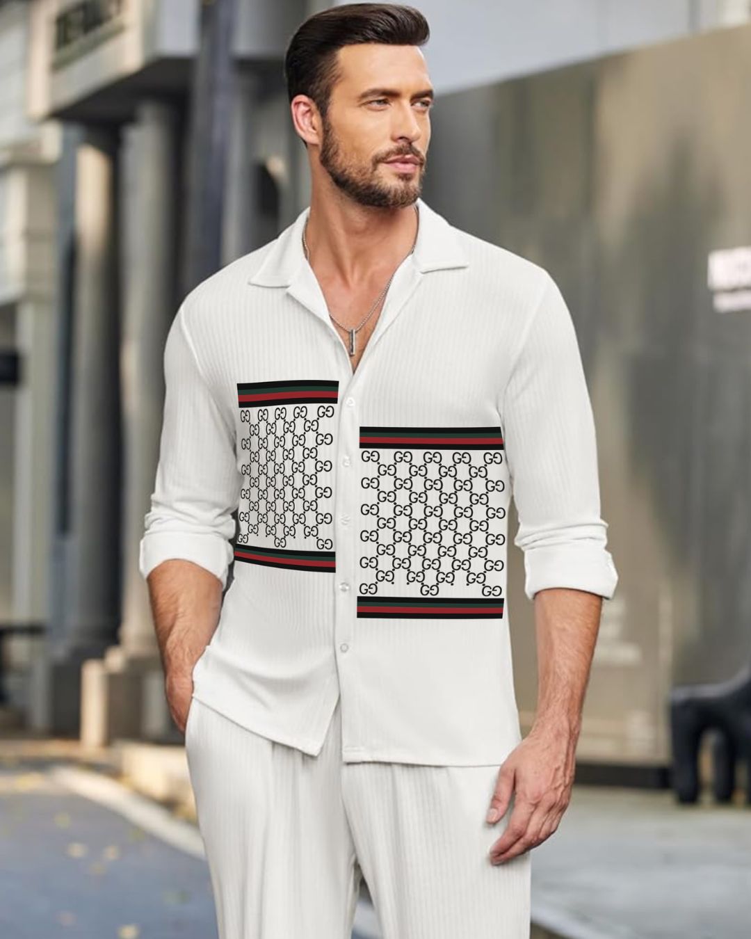 MEN'S GUCCI GRID FULL SLEEVE WHITE SHIRT