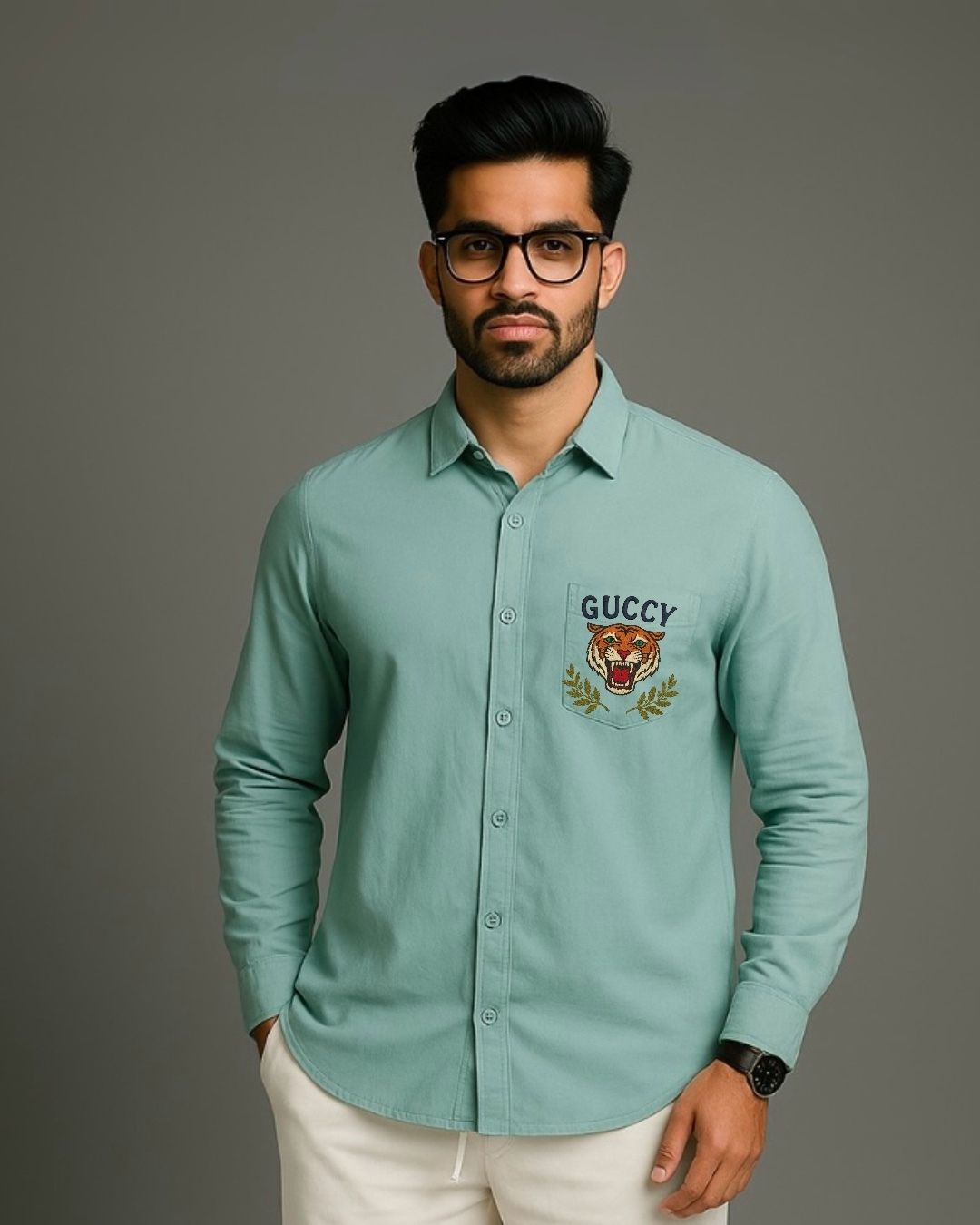 MEN'S GUCCY TIGER FULL SLEEVE GREEN SHIRT