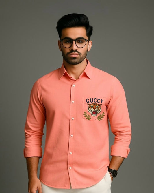 MEN'S GUCCY TIGER FULL SLEEVE PEACH SHIRT