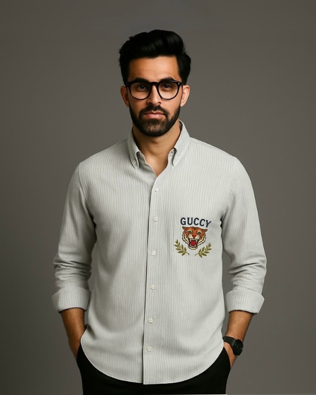 MEN'S GUCCY TIGER FULL SLEEVE STRIPE SHIRT