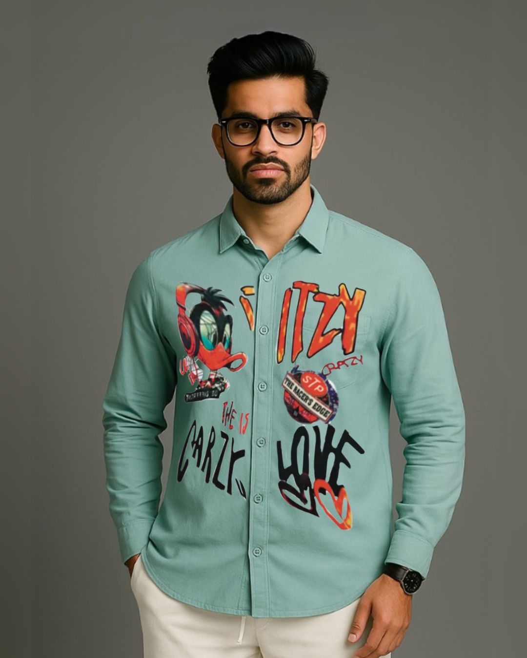 MEN'S ITS CRAZY LOVE DUCK FULL SLEEVE GREEN SHIRT (*)