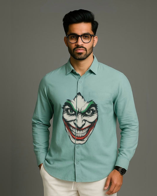MEN'S JOKER PRINT FULL SLEEVE GREEN SHIRT (*)