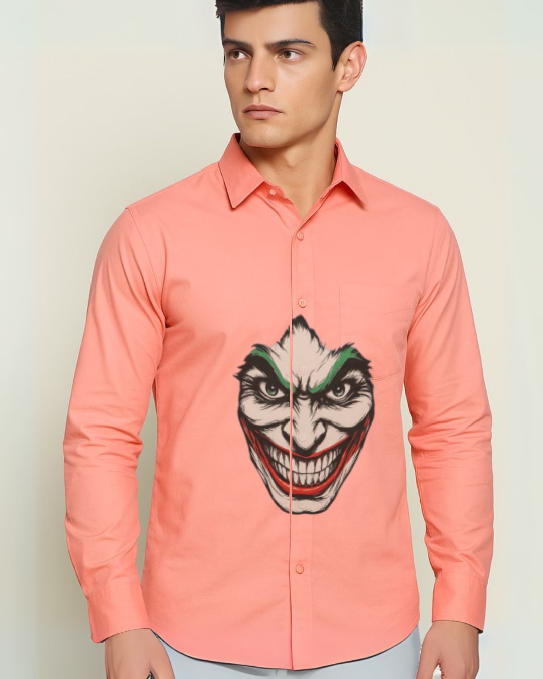 MEN'S JOKER PRINT FULL SLEEVE PEACH SHIRT (*)