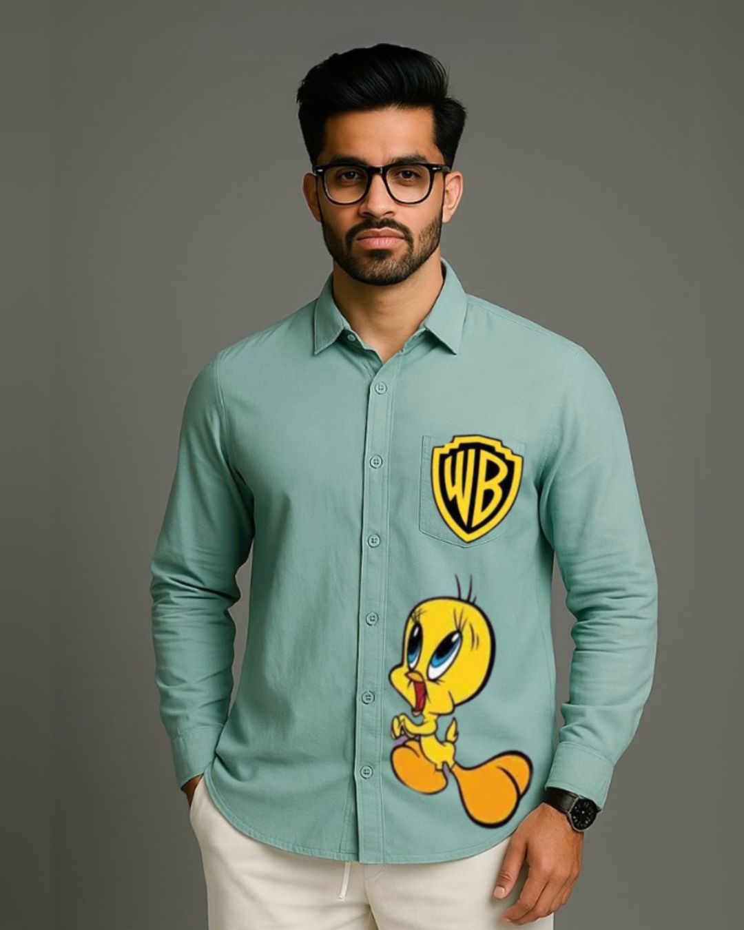 MEN'S LONNEY TUNES FULL SLEEVE  GREEN SHIRT(*)