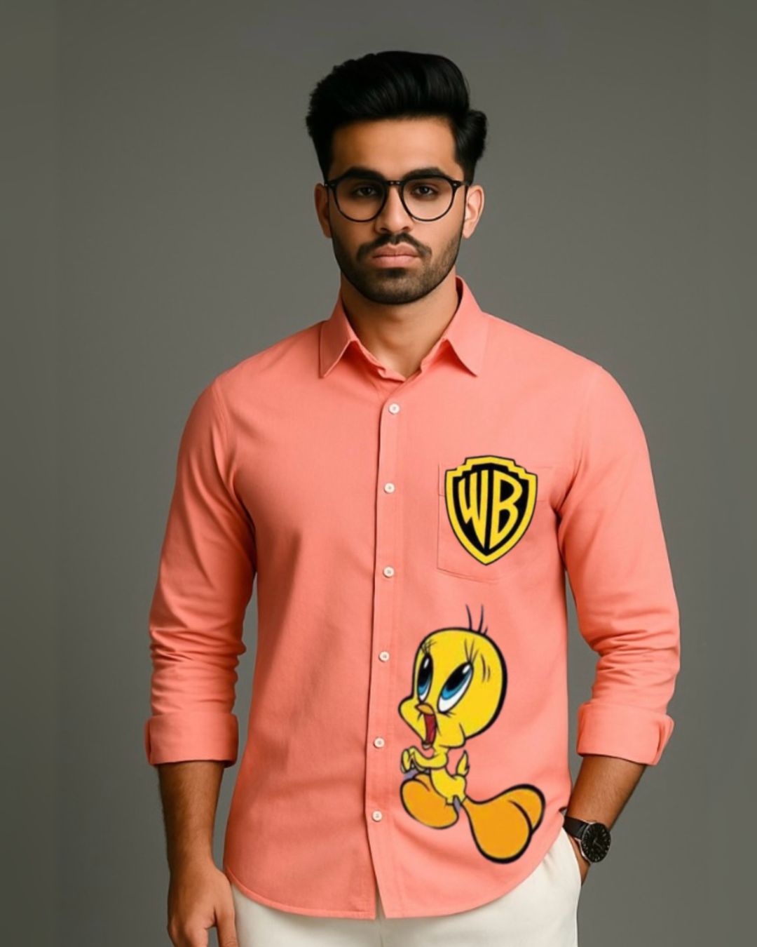 MEN'S LONNEY TUNES FULL SLEEVE PEACH SHIRT (*)