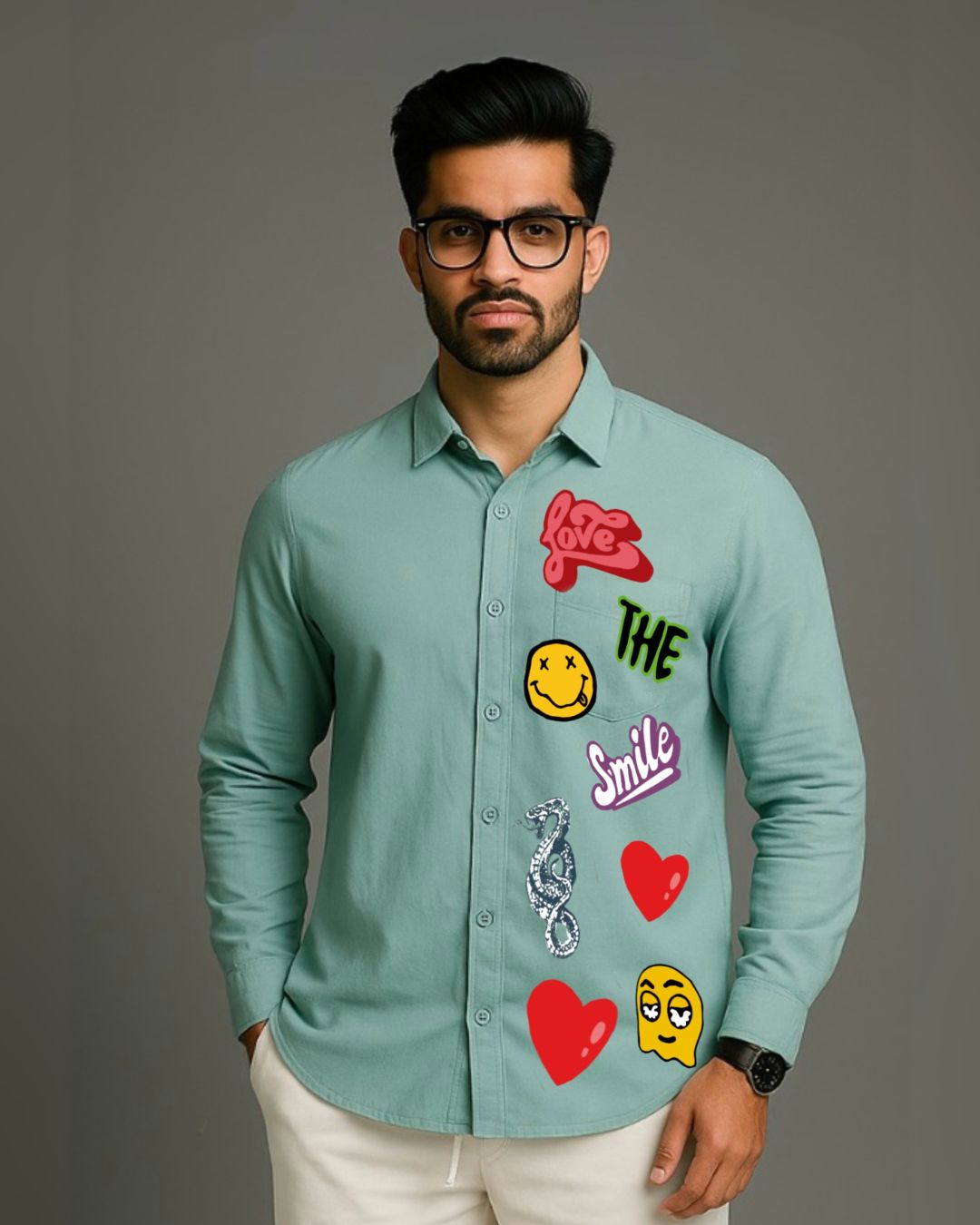 MEN'S LOVE SMILEY FULL SLEEVE GREEN SHIRT (*)