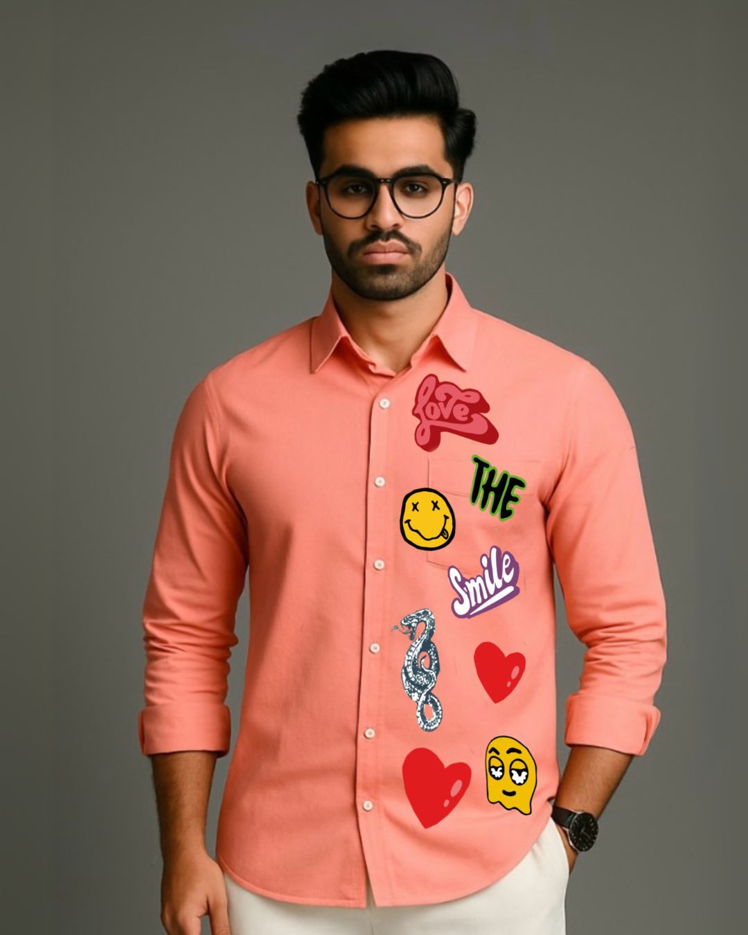 MEN'S LOVE SMILEY FULL SLEEVE PEACH SHIRT (*)