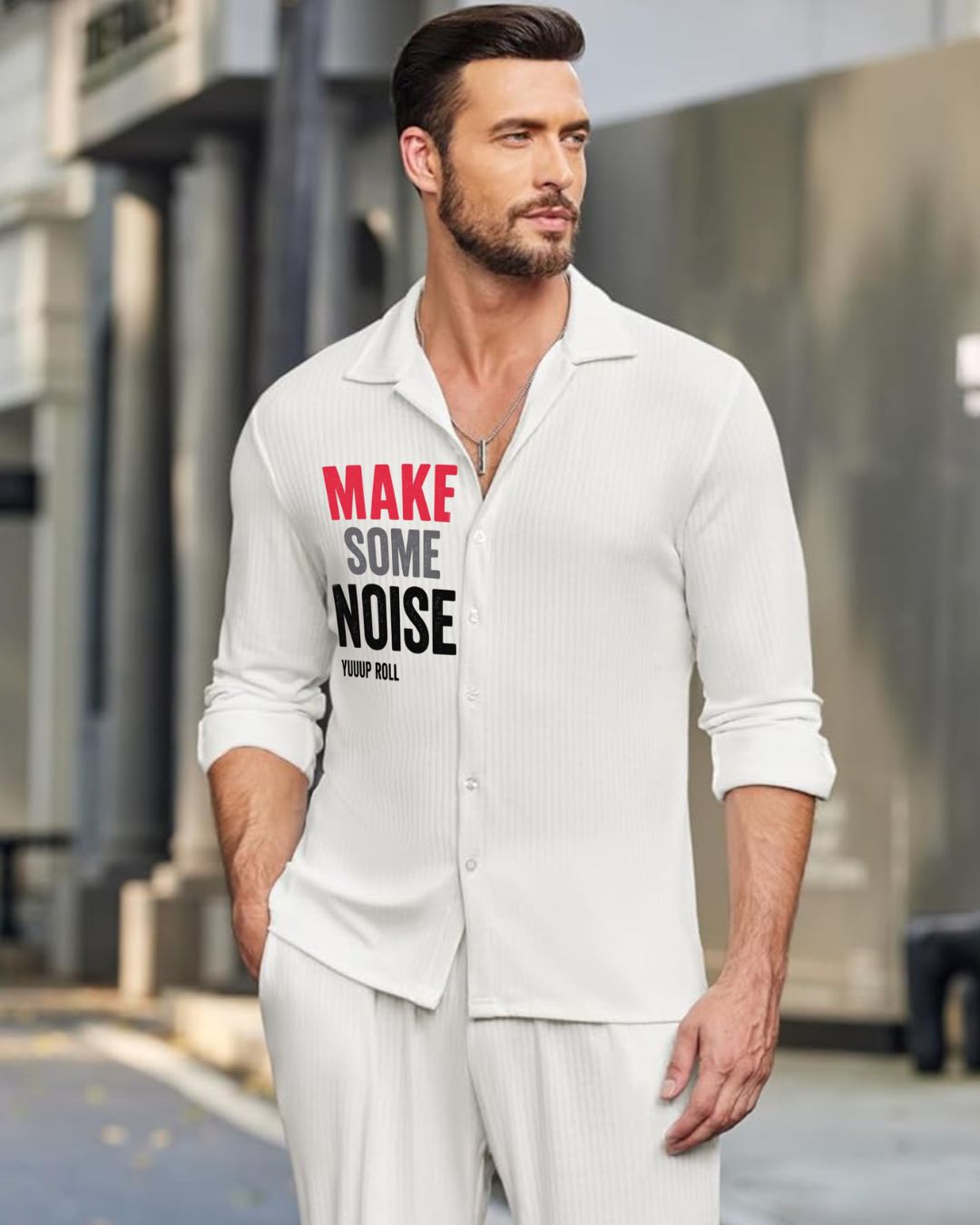 MEN'S MAKE NOISE FULL SLEEVE WHITE SHIRT
