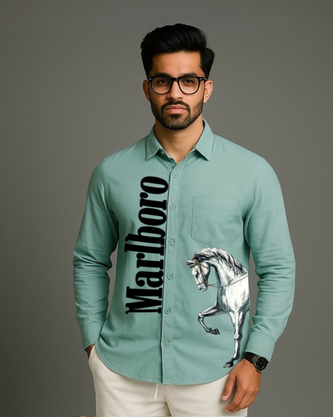 MEN'S MARLBORO  FULL SLEEVE  GREEN SHIRT